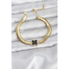 Luord-Store 316L Çelik Gold Renk Siyah Yonca Model Zirkon Taşlı Yılan Zincirli Kadın Bileklik