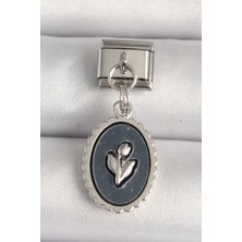 Luord-Store 316L Çelik Gümüş Renk Çiçek Işlemeli Siyah Portre Model Nomination Charm