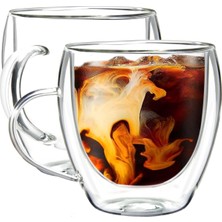 2 Adet Çift Cidarlı 250 ml Kulplu Cam Çay Kahve Süt Kupa Borosilikat Bardak