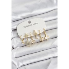 Luord-Store 316L Çelik Gold Renk Yıldız Model Zirkon Taşlı Kadın Küpe Seti
