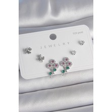 Luord-Store Pirinç Gümüş Renk Renkli Zirkon Taşlı Çiçek Model Yaprak Detay 925 Ayar Gümüş Çivi Kadın Küpe Seti