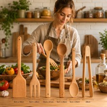 6 Parça Mutfak Spatula ve Kaşık Seti Doğal Ahşap Çizilmez Yapışmaz Tencereye Uyumlu Kaşıkl