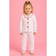 Irk Lemoon Kız Çocuk Beyaz Kırmızı Kalp Desenli Önden Düğmeli Pijama Takımı