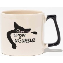 Sensin Uğursuz-Kara Kedi Eğlenceli Komik Hediyelik Beyaz Baskılı Siyah Kulplu Modern Seramik Kup