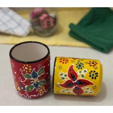 Çini El Işlemeli Seramik Dantel Desen 2li Sarı/kırmızı Kupa Bardak