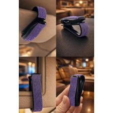 Işıltı Design Kadınlara Özel Araç Içi Gözlük ve Kart Tutucu Mor-Lila Kristal Taşlı Klipsli Güneşlik Organizer