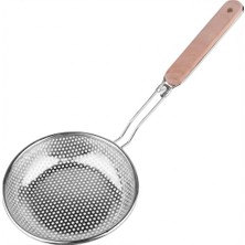 Ahşap Saplı Uzun Kulplu Çelik Kevgir – Paslanmaz Metal Süzgeç, Derin Gövdeli, Ergonomik Tasa