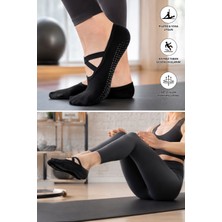 UZN Socks Pilates Çorabı Kaydırmaz Tabanlı Çapraz Bantlı Yoga & Reformer Çorabı Siyah 3 Çift