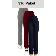 Thiff Kadın Palazzo Pantolon 3’lü Set – Bej Kahverengi Lacivert, Krep Likralı, Yüksek Bel Jogger Kesim