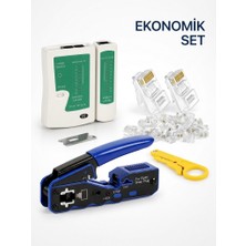 RJ45 Kablo Çakma Seti - Mavi Pense + Kablo Test Cihazı + 100 Adet Konnektör + Soyucu + Yedek Bıçağı (Ekonomik Set)