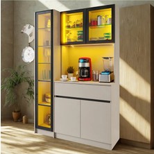 Sarıoğlu Mobilya Viena Sand Midi Sol Vitirinli Kahve Köşesi 130 cm Komple Mdf LED Aydınlatmalı Sol Vitrinli Modern Kahve Dolabı