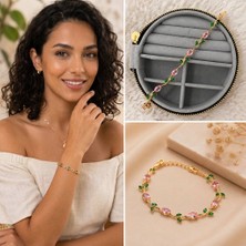 Fm 💎 Premium Gold Renk Pembe ve Yeşil Zirkon Taşlı Zarif Kadın Bijuteri Bileklik (22cm)