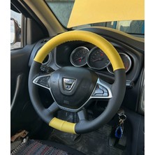 Hasbay Dikişli Direksiyon Kılıfı Sarı / Siyah Deri Siyah Dikişli Dacia Duster Için