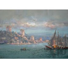 Galeri Atmaca Pembe Bulutlar Altında Rumeli Hisarı, Yelkenli Gemi ve Sandal