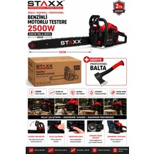 Staxx Power 50 cm Benzinli Motorlu Testere Ağaç Kesme Motoru 2500W 38 Diş Zincir Testere + Balta Hediyeli
