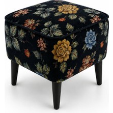 Coart Home Co Art Home Çiçek Desenli Goblen Kumaş Ahşap Ayaklık Siyah Puf, 40X40,KARE