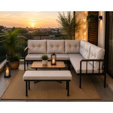 Todek Home Riva Metal Bahçe Balkon Köşe Takımı Siyah Boyalı Iskelet Keten Kumaş Süngerli 180X120 cm