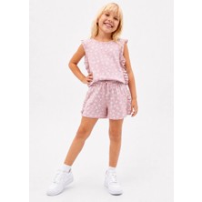 Yiğit Butik Yigit Butik Kız Çocuk Bürümcük Kumaş Çiçek Desenli Fırfır Detaylı Şortlu Yazlık Takım