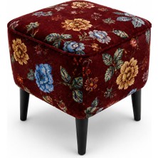 Co Art Home Çiçek Desenli Goblen Kumaş Ahşap Ayaklık Bordo Puf, 40X40,KARE