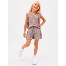 Yiğit Butik Yigit Butik Kız Çocuk Bürümcük Kumaş Çiçek Desenli Fırfır Detaylı Şortlu Yazlık Takım