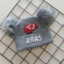 Mars Baby Erkek Bebek Çocuk Kişiye Özel Isimli  Gri Çift Ponponlu Triko Bere