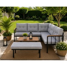 Todek Home Riva Metal Bahçe Balkon Köşe Takımı Siyah Boyalı Iskelet Keten Kumaş Süngerli 180X120 cm