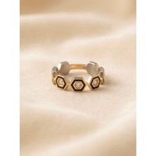 Triya Wear STUDIO-316L Çelik Kadın Yüzük Altıgen Geometrik Taşlı- Gold Renk Ayarlanabilir- Minimalist Şık Parmak Yüzüğü