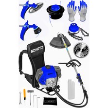 Schatz 5.9 Hp Sırt Tipi Benzinli Motorlu Ot Çalı Çim Biçme Tırpanı 11000RPM Mavi + Canavar Başlık