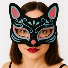 CBT Store Siyah Renk Süet Kaplama Üzeri Mavi Kırmızı Simli Kedi Maskesi 17X14 cm