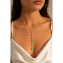 Adata Jewelry Ezme Zincir Karışık Renkli Taşlı Çelik Y Kadın Kolye Gold Renk