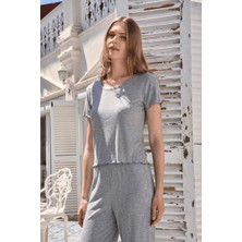 Lovely Things Debra Modal Karışımlı Kaşkorse Kısa Kol Tshirt - Gri Melange