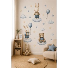 KutuTR Bulut Üzerinde Tavşan ve Ayıcıklı Çocuk Odası Duvar Stickerı 50X100 cm Dekoratif Folyo Baskı