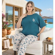 Bursa Pijama Kadın Kısa Kol Altı Uzun Bisiklet Yaka Büyük Beden Çiçek Desen Pijama Takımı
