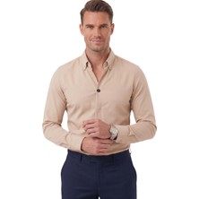 Rizzup Bej Slim Fit Kolay Ütülenebilir Açık Dik Yaka Likralı Erkek Gömlek 2602615