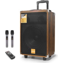 Bluetooth Hoparlör Fm Radyo 12 Inç USB Tf Aux Çift Mikrofonlu Kumandalı - Ahşap BQ12