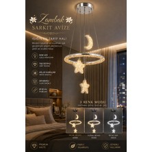Elvora Home Modern (Premium) 6'lı Gold Detaylı Krom 3 Renkli Ay Yıldız Temalı Şık Halka Ledli 28W Sarkıt Avizesi Salon Mutfak Yemek Masası Avizesi Modelleri