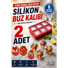 Plastmarket 6 Bölmeli Büyük Boy Silikon Buz Kalıbı - Büyük Boy Kare Buzluk - Kokteyl Buz Kalıbı - Et Suyu Saklam