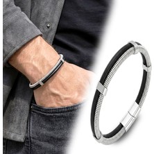 Beycen Aksesuar Spiral Çelik Zincir ve Deri Bileklik 3902BLK1001