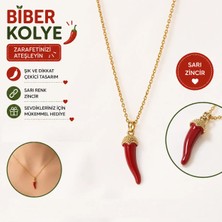 LUXMON Kırmızı Çelik Biber Şans Kolyesi Unisex Altın Renk Zincir