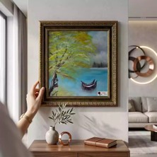 Tokyo Sanat Gölde Kayık Manzaralı Yağlı Boya Tablo (Çerçeve Dahil)