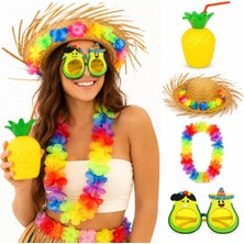 Samur Parti 4 Parça Hawaii Parti Seti Ananas Bardak Hasır Şapka Avokado Gözlük Çiçek Kolye