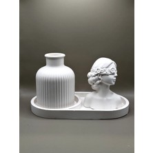 Canseb Elegance Alçı Üçlü Dekoratif Obje Set - Dekoratif Oval Tepsi, Pampas Vazosu ve Prenses Kız Biblo