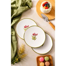 Grandora 6'lı Yeşil Kenarlı Modern Çiçek Desenli 20 cm Pasta, Tatlı Tabağı Seti - Kahvaltı Sunum Tabağı