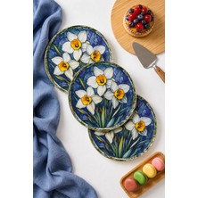 Grandora Lacivert Fonlu Nergis Çiçek Desenli (6 Adet 20 Cm) Pasta Tabağı Seti – Tatlı ve Kahvaltı Sunum Tabağı