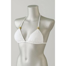 Çamaşır Kenti Beyaz Pedli Üçgen Bikini Üstü Halter Bağlamalı Aksesuarlı Esnek Kumaş Kadın Mayo Üstü