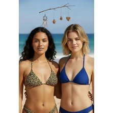 Çamaşır Kenti Leopar Desenli ve Mavi Detaylı Üçgen Bikini Üstü Minimal Kesim Bağlamalı Kadın Mayo Üstü 2'li