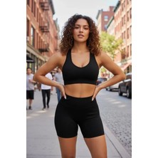 Çamaşır Kenti Kadın Siyah Fit Görünümlü Yüksek Bel Spor Crop Top Şort Takımı
