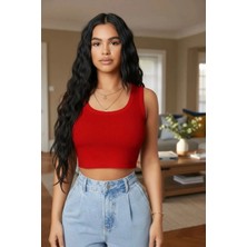Çamaşır Kenti Kadın Kırmızı Modern Fit Kare Yaka Crop Top Bluz