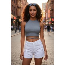 Çamaşır Kenti Kadın Gri Modern Fit Çapraz Bağlamalı Crop Top Büstiyer