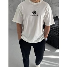 Erkek Bisiklet Yaka Baskılı Oversize T-Shirt - Beyaz